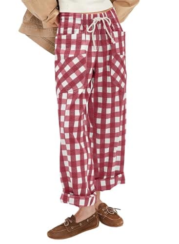 Acelitt Women's Casual Plaid Pants Summer Fashion 2026 Loose Drawstring Elastic Waist Ankle Pants Trousers with Pockets Red Small - Image 1