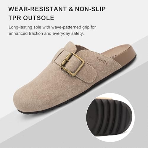 Stelle Suede Clogs for Women Men Potato Shoes with Arch Support Leather Cork Footbed Mules Slip on Home Slippers(Taupe,11) - Thumbnail 5