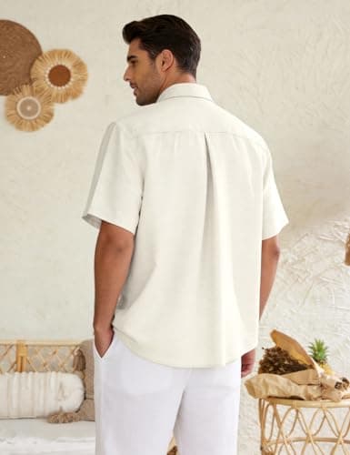 Eisctnd Men's Polo Shirts Short Sleeve Linen Blend Golf Collared T-Shirt for Summer Wedding Beach Vacation Business Casual(Beige-L) - Thumbnail 5