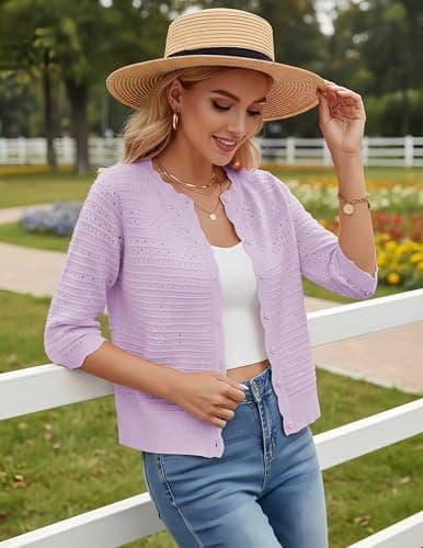 GRACE KARIN Womens Short Sleeve Cardigan Sweater Lightweight Cropped Cardigan Trendy Dressy Casual Crochet Bolero Shrugs Lilac - Thumbnail 2
