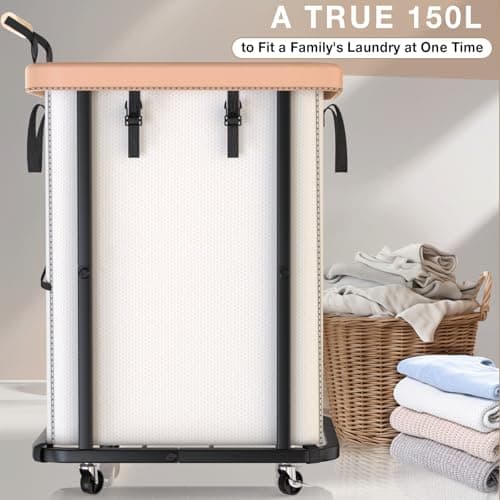 40 Gal (150L) Laundry Hamper with Lid, Leather Patchwork Laundry Basket with Rolling Lockable Wheels and Handle, Laundry Basket Organizer for Laundry Room, Bedroom and Bathroom,Laundry Room - White - Thumbnail 4