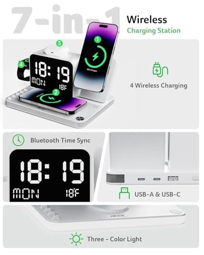 Acer 7-in-1 Wireless Charging Station with LED Clock - 30W Fast Wireless Charger for iPhone 16/15/14/13/12/Pro Max, Apple Watch, AirPods - Bluetooth Auto Time Sync & Night Lights (White) - Thumbnail 2