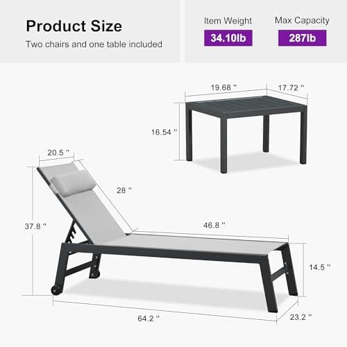 PURPLE LEAF Outdoor Lounge Chair Set of 3 Patio Chaise Pool Lounger Aluminum Frame with Side Table and Wheels for Outside Sunbathing Tanning Recliner Including Pillows White - Thumbnail 2