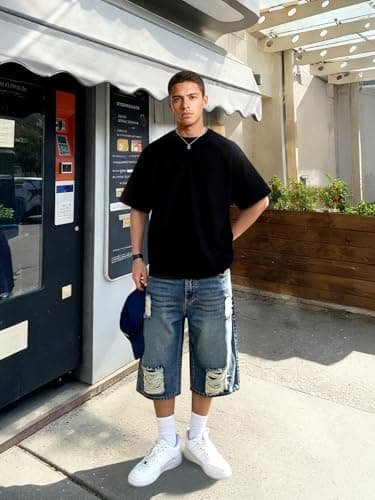 Heyfanee Mens Baggy Jean Shorts Ripped Long Jorts Men Y2k Vintage Denim Shorts for Men Loose Fit Washed Blue 28 - Thumbnail 6