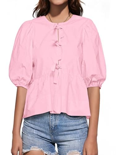 Tankaneo Womens Tie Front Tops Summer Peplum Babydoll Puff Short Sleeve Blouse Cute Cotton Shirts Pink - Image 1