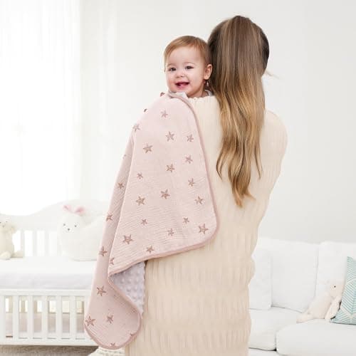 Susurration Baby Blanket for Unisex Boys Girls, Soft Nursery Minky Blanket with Muslin Cotton Front and Dotted Fleece Back, Receiving Blanket for Baby Newborn Infant, 30x40inch (Pink Star) - Thumbnail 4