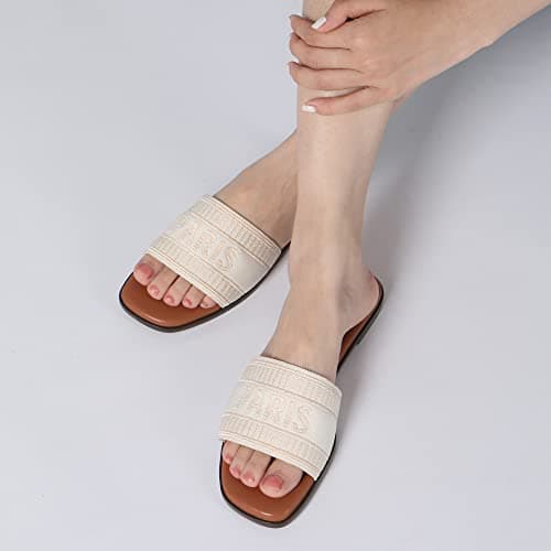 Athlefit Women's Slides Summer Fashion Slip On Flat Sandals Dressy Beige Size 8 - Thumbnail 2