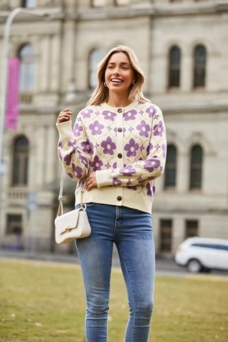 Saodimallsu Womens Flower Pattern Cardigan Lavender Sweaters Soft Long Sleeve Cardigans Vintage Button Knit Outwear 2025 - Thumbnail 4