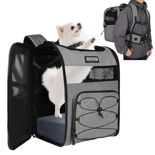 Hiking Dog Carrier Backpack, Padded Height-Enhancing Design, Adjustable Waist Cushioning Belt with Breathable Padded Back Support, Dog Carrier Backpack for Small Dogs Max 13LB Grey with Pad