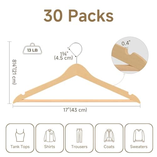 StorageWorks Clothes Hangers, Wooden Hangers 30 Pack for Closet, Wood Hangers for Coats, Shirts, Jackets, Pants, Suits, Natural Wood Color - Thumbnail 2