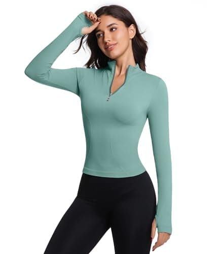 YOAKUKA Women's Long Sleeve Workout Tops Quarter Zip Pullover Workout Shirt Quick Dry Athletic Tops with Thumb Holes Light Blue - Image 1