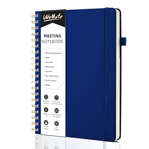 WEMATE Meeting Notebook for Work B5 (7"x10") - PU Leather Work Notebook with Agenda, Action Items & Notes - 200 Pages for Men&Women, Staff and Students, Meeting, Projects Planning - Dark Blue
