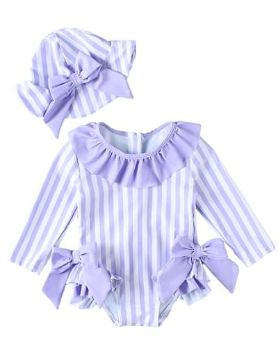 JiAmy Toddler Baby Girls One Piece Swimsuit Long Sleeve Zip Up Bowknot Swimwear Bathing Suit Rash Guard with Sun Hat Set Purple 0-3 Months - Image 1