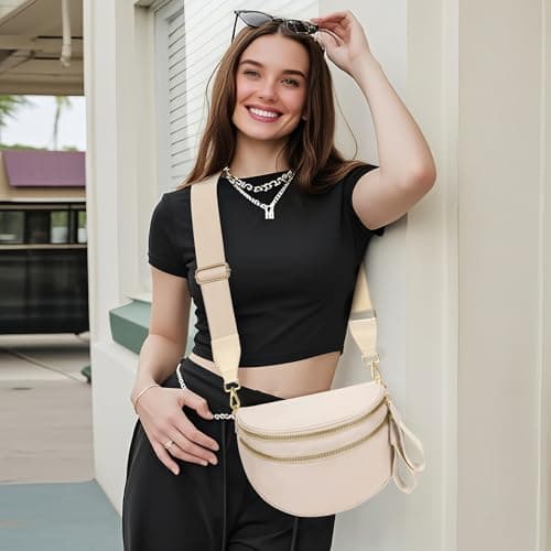 WOOMADA Checkered Crossbody Bag Bum Bag for Women, Fanny Pack Checkered Purse, Belt Bag with Shoulder Strap(Beige) - Thumbnail 2