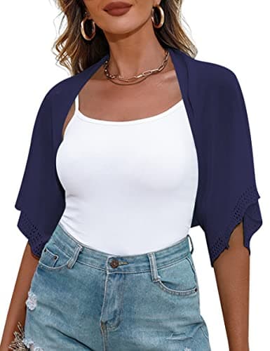 Women's Cropped Shrugs for Evening Dresses Lightweight Short Sleeve Shrug Crochet Crop Cardigan Navy Blue - Image 1