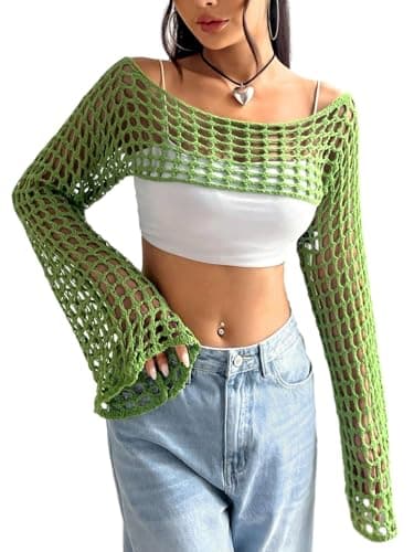 hathne Women Hollow Out Sweater Crop Flounce Off See Through Crochet Top Trumpet Long Sleeve Knit Top(Green,M) - Image 1