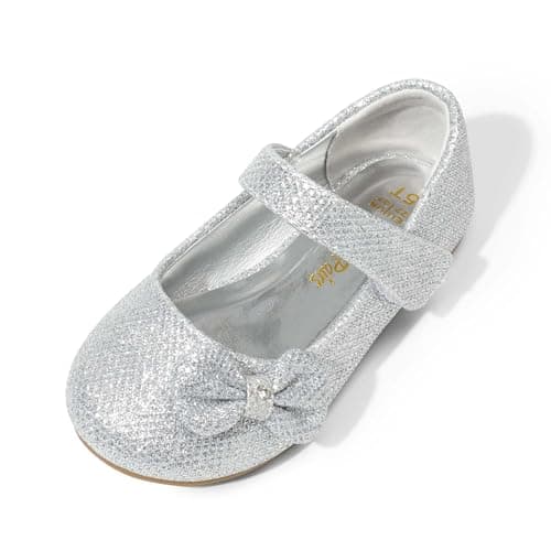 DREAM PAIRS Toddler Girls Dress Shoes Mary Jane Flats, Girls School Uniform Flats Bow Ballerina Shoes,Size 8 Toddler,Silver/Glitter,Angel-5 - Image 1