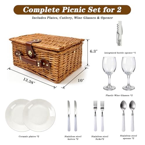 Picnic Basket for 2 - Picnic Basket with Cutlery Kit and Glasses, Insulated Picnic Set with Waterproof Liner, Portable Wicker Picnic Baskets with Lid and Handle for Outdoor, Picnic, Camping, Holidays - Thumbnail 3
