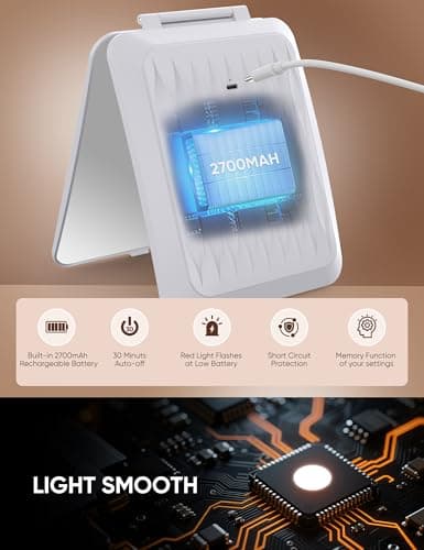 klarh 1X/10X Magnifying Makeup Mirror with 3 Colored Lights and Touch Control, 2700mAh Rechargeable LED Vanity Mirror for Home, Bathroom and Travel (Pearl White, with LED Lights) - Thumbnail 5