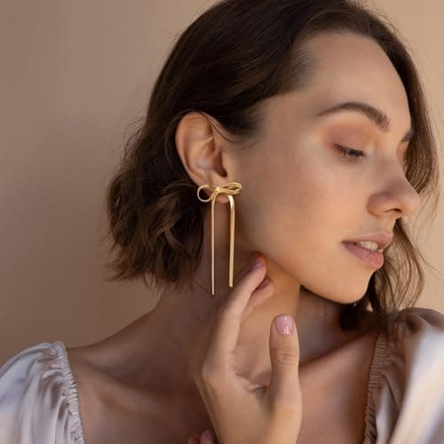 BAYLAY Bow Earrings for Women, 18K Gold Plated Bow Dangle Earrings Dangling Dangly Gold Earrings for Women Trendy for Wedding Prom Aretes para Mujer Gold Jewelry Gifts for Woman - Thumbnail 3
