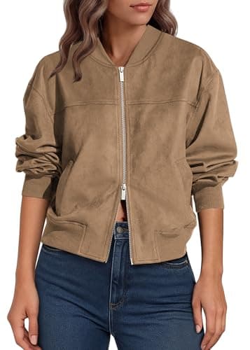 Lazysmile Women's Faux Suede Bomber Jackets Fall Fashion Outfits Winter Clothes Stand Collar Zip Up Coat Outwear with Pockets