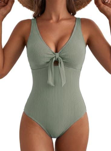Aleumdr Womens One Piece Swimsuit 2026 Fashion Tummy Control Bathing Suit Adjustable Strap V Neck Long Torso Swimwear Sage Green XX-Large