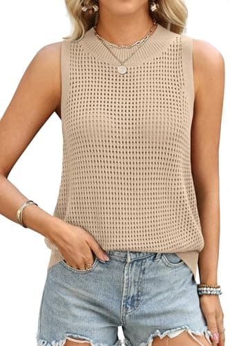 ATHMILE Summer Crochet Tank Tops for Women 2026 Casual Crewneck Hollow Out Loose Knit Sleeveless Sweater Vest Top Trendy Apricot - Image 1