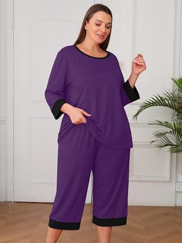 AusLook Women’s Plus Size Pajama Sets Purple 2X Soft 3/4 Sleeve Nightwear Top and Capri Pants Lounge Set with Pockets - Thumbnail 5