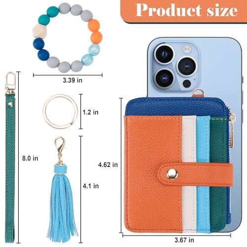 Airkit Wristlet Wallets for Women, Keychain RFID Blocking Credit Card Holder, Small Girly Wallet with Bracelet, Silicone Beaded Tassel Key Ring Card Holder, Rainbow - Thumbnail 2