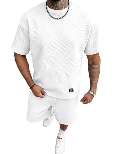 JEMLDL Mens 2 Piece Set Short Sleeve T-Shirt Shorts Summer Jacquard White Outfits Casual Lounge Wear Spring Clothes XL - Image 1