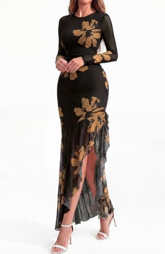 BTFBM Women's Maxi Dresses Fall 2026 Long Sleeve Bodycon Floral Ruffle Cocktail Wedding Guest Dress Concert Outfits(Floral Black Yellow,XX-Large) - Thumbnail 6