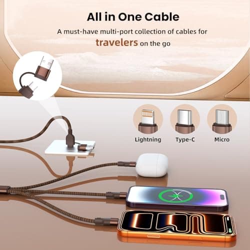 Travel Multi Charging Cable, 5 in 1 Charging Cables for Multiple Devices, Nylon Universal Phone Charger Cord USB A/C to Type C/Micro USB/IP for iPhone17/16/15/14/Phone&Pad (2Pack,4FT)Brown+Black - Thumbnail 3