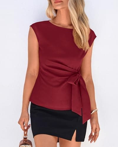 BTFBM Womens Tops Summer 2026 Cap Sleeve Crew Neck Tie Waist Blouses Dressy Casual Business Work Clothes Early Fall Fashion(Red, X-Small) - Thumbnail 4