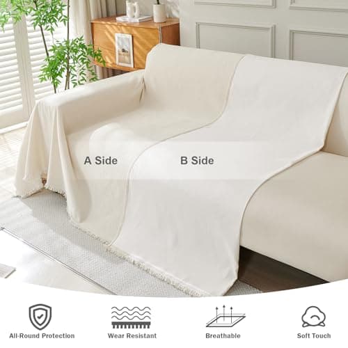 OstepDecor Chenille Couch Cover, Beige Sofa Covers Washable, Sectional Couch Covers for Sofa L Shape, Couch Blanket Cover, Non-Slip Sofa Slipcovers for Dogs, Pets, 71" x 102" - Thumbnail 4