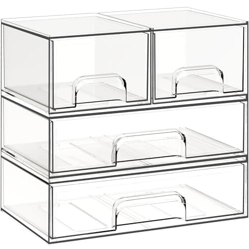 Criusia Stackable Storage Drawers, 4 Pack Clear Plastic Makeup & Bathroom Organizer, Versatile Storage Bins for Vanity, Under Sink, Kitchen Cabinets & Pantry