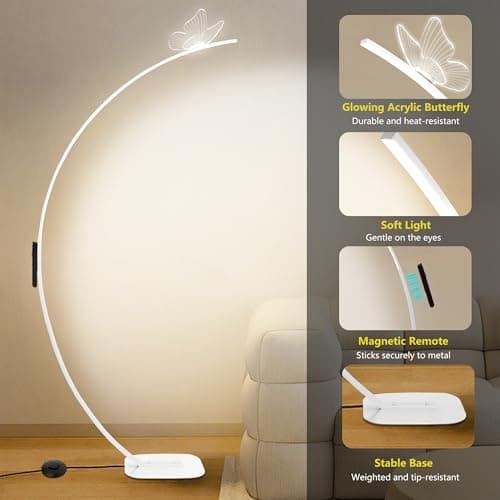 Modern Butterfly Arc Floor Lamp - Dimmable 2000 Lumens Arched Floor Lamp with Remote Control, 3 Color Modes & Foot Switch, Elegant Arc Floor Lamps for Living Room, Bedroom, Office Decor (White) - Thumbnail 2