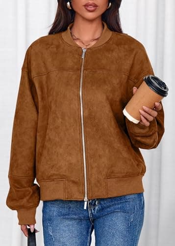 Lazysmile Women's Faux Suede Bomber Jackets Fall Fashion Outfits Winter Clothes Stand Collar Zip Up Coats Outwear with Pockets - Thumbnail 4