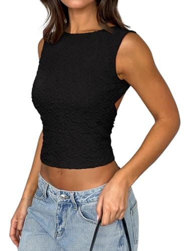 REORIA Women's Summer Sexy Open Back High Neck Sleeveless Tank Top Double Lined Y2k Lace Twist Backless Crop Tops Black XX-Large - Thumbnail 4