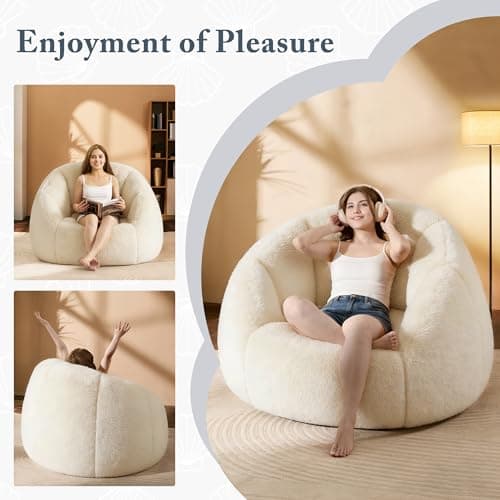 Oversized Bean Bag Chair with Footstool for Adults and Kids, Giant Fuzzy Accent Reading Chair with Ottoman Pouf, Lounge Chair Chaise Indoor, Faux Fur Round Large Floor Sofa Couch for Game, Nap, Beige - Thumbnail 3