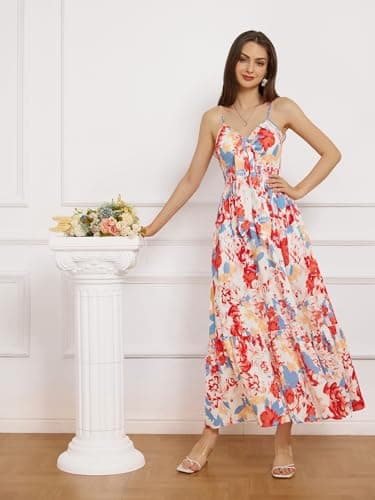 GRACE KARIN Women 2025 Summer Spaghetti Strap Dress Sleeveless V Neck Tie Front Casual Beach Party Maxi Dresses - Thumbnail 3
