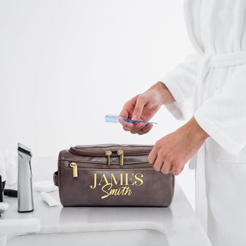 Xpanrous Personalized Toiletry Bag for Men, Engraved Name Initials Toiletry Bag, Customized Monogram Travel Shaving Dopp Kit for Groomsmen, Gift for Christmas, Birthday, Dad, Husband (Dark Coffee) - Thumbnail 5
