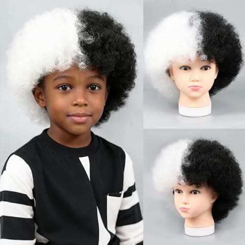 LQVEAIR Small Afro Wigs for Women Black&White Adjustable Afro Kinky Wig Synthetic Disco Wigs For Daily Cosplay Party (Small,Black/White#)