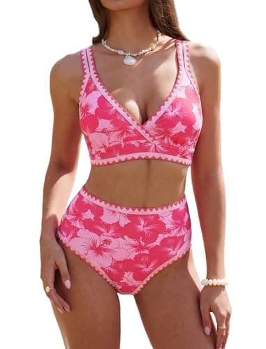 ZAFUL Womens High Waisted Bikini Sets Floral Print Whip Stitch Two Piece Swimsuit Crisscross Tie Back Bathing Suits 2026 Rose Red Large - Image 1