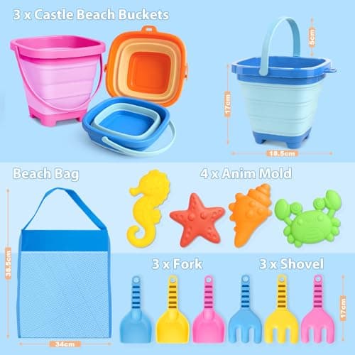 Dreamon Beach Toys for Kids 3-10, Collapsible Sand Castle Toys for Beach Include 3 Pack Foldable Buckets, Shovels Molds and Storage Mesh Bag, Sandbox Travel Toy for Toddlers Kids - Thumbnail 2