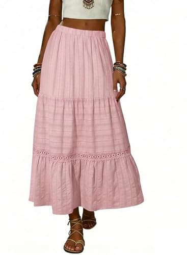 BLENCOT Women's Boho Tiered Maxi Skirt Cotton Gypsy Hippie Style Crochet Lace Long Skirts for Women Vacation and Beach Pink 2X-Large - Image 1