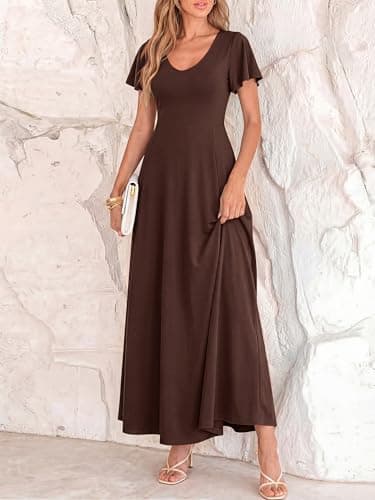 BTFBM Formal Dresses for Women Summer Outfits V Neck Ruffle Sleeve A Line Maxi Elegant Cocktail Wedding Guest Dress 2026(Brown, XX-Large) - Thumbnail 6