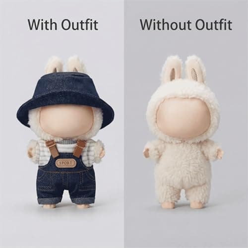 BLISSWEAVE Doll Clothes Set, 3-Piece Outfit with Denim Overalls, Bucket Hat, Striped T-Shirt, Fits 15-17 cm Dolls - Thumbnail 2