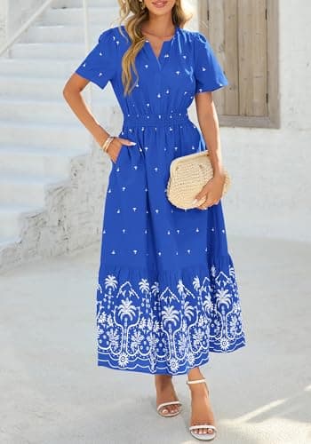 BTFBM Summer Dresses for Women 2026 Casual V Neck Short Sleeve Flowy Wedding Guest Beach Vacation Floral Boho Maxi Dress(Royal Blue White Flower, Large) - Thumbnail 4