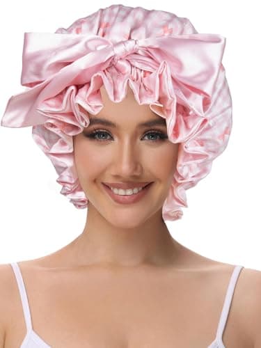 Vettres Cute Adjustable Silk Bonnet for Sleeping Double Layer Satin Cap Hair Sleep Bonnet for Curly Hair Pink White Bow - Thumbnail 2
