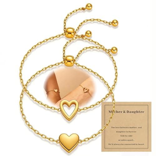 Drefund Mother Daughter Bracelets 18K Gold Plated for Mothers Day Birthday Friend Gifts, Heart Jewelry Mommy and Me Bracelets for Women, Adjustable Matching Friendship Bracelets - Image 1